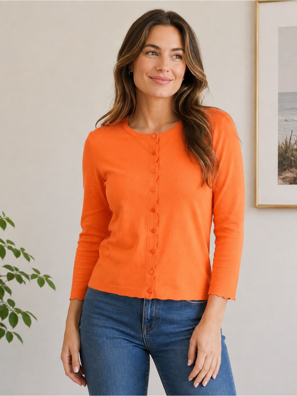 Talbots Orange Scallop-Edge Button Cardigan Size Medium